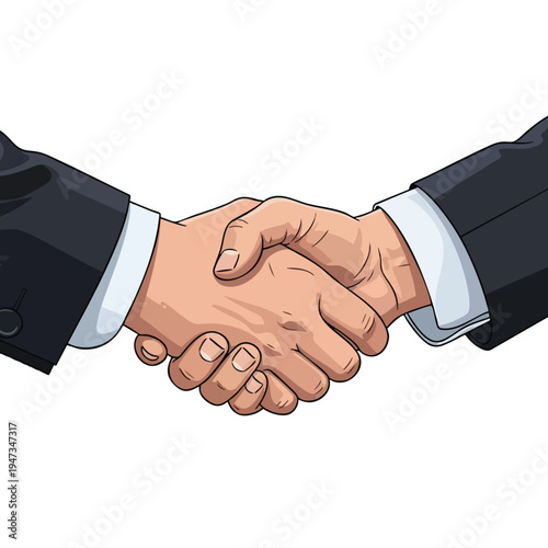 Two hands in dark suits clasp firmly in a professional handshake on white