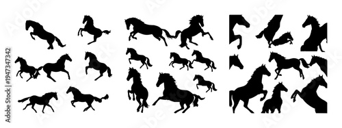 Horses set with isolated black silhouettes of galloping, jumping, running, trotting, rearing side view featuring horses, silhouette, black with white background and dynamic pose