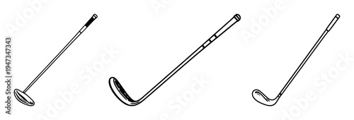 Golf club set with black silhouette design featuring sports equipment, game elements, professional competition with leisure activity and game essentials