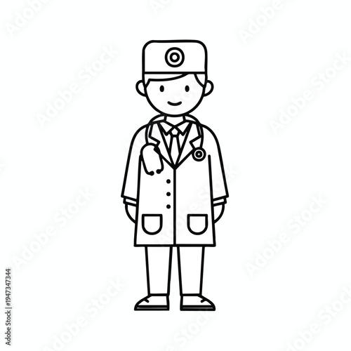 Friendly cartoon doctor in a lab coat and cap, wearing a stethoscope