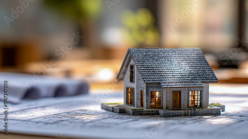 Detailed miniature house model placed on architectural blueprints with warm glowing windows symbolizing home design and planning concepts indoors