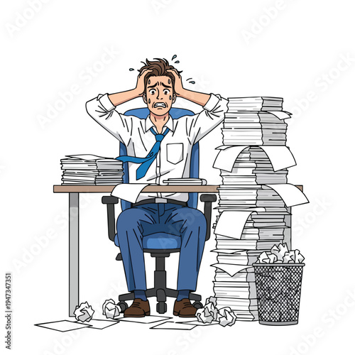 Man overwhelmed by paperwork, grasping head in despair at his desk