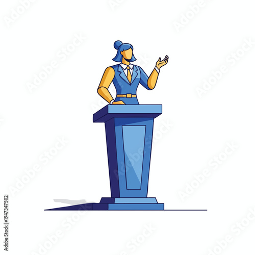 Woman in blue suit giving a speech at a blue podium