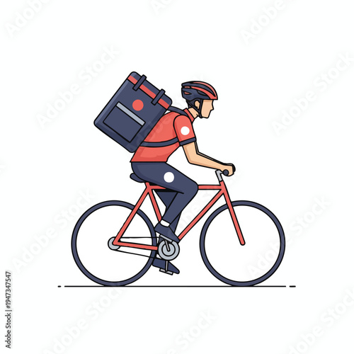 A person on a bicycle with a large insulated bag, wearing a helmet and uniform