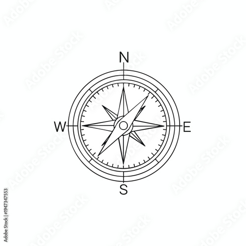 A stark black-and-white outline drawing of a traditional compass, with cardinal directions marked