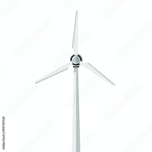 A modern, three-bladed wind turbine stands tall against a white background