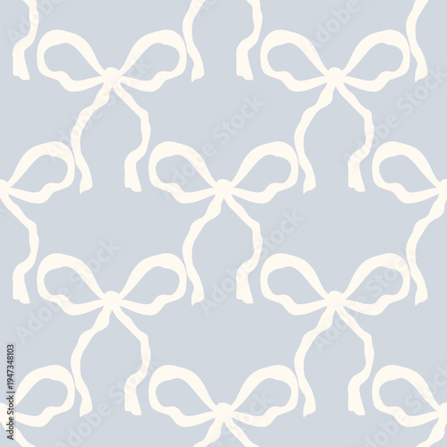 Seamless vector pattern with hand-drawn white ribbons on dusty blue. Trendy coquette aesthetic for statement textiles, bold gift wrap, and modern branding.
