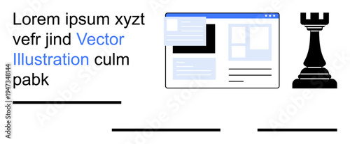 Web design, content strategy, UX layout, creative development, text editing, strategic planning. Abstract website layout with text elements and a rook icon. Web design and strategy in focus