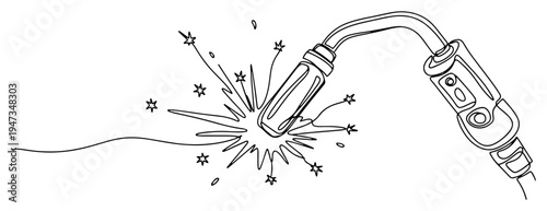 Welding torch with sparks continuous line art. Industrial metalwork and construction minimalist vector drawing.