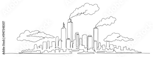 City skyline with factory smoke continuous line art. Industrial urban landscape and chimneys minimalist vector drawing.