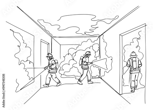 Firefighters extinguishing fire in building hallway continuous line art. Emergency rescue mission with firemen and smoke minimalist vector.