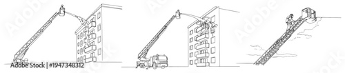 Firefighter truck with aerial ladder at building continuous line art. Emergency rescue service minimalist vector illustration.