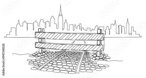 Railway track with barrier and city skyline continuous line art. Industrial transportation and urban city panorama minimalist vector.