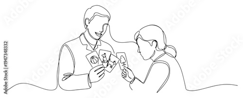 Pediatrician or therapist with child continuous line art. Doctor showing picture cards to kid minimalist medical healthcare illustration.