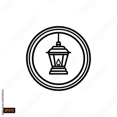 A simple, clean line art illustration of a hanging lantern with a flame inside, enclosed within a circular frame.