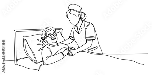 Nurse caring for elderly patient in bed continuous line art. Healthcare worker providing senior care minimalist medical illustration.