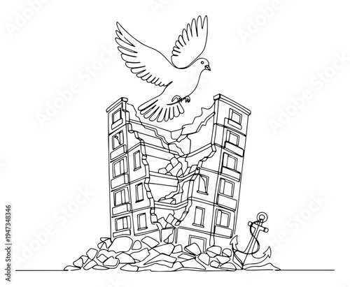 Peace dove flying over ruined building with anchor continuous line art. Symbol of hope, reconstruction and peace after war minimalist vector.