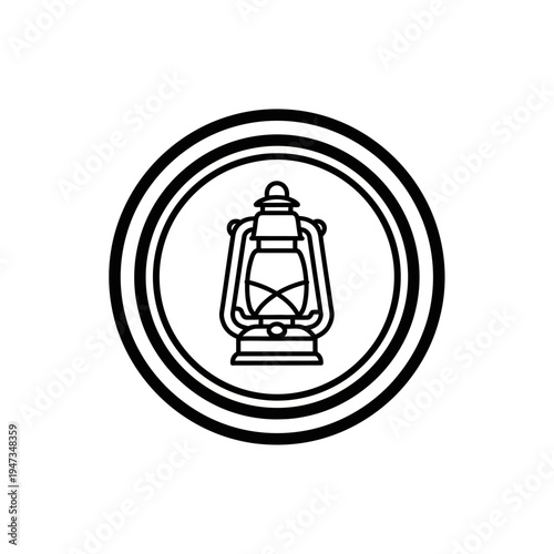 A black and white line art illustration of a vintage kerosene lantern inside a circular emblem.