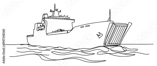 Large cargo ship or ferry on sea waves continuous line art. Maritime transport and shipping industry minimalist vector drawing.