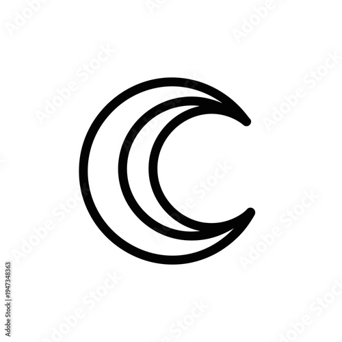 A simple, minimalist black and white line drawing of a crescent moon with two inner curves.