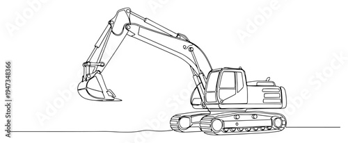 Construction excavator machine continuous line art. Heavy machinery and earthmoving equipment minimalist vector illustration.