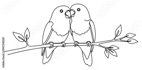 Lovebirds kissing on branch continuous line art. Romantic parrots or birds couple wedding and anniversary minimalist vector illustration.