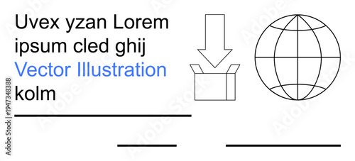 Global logistics, export services, website design, e-commerce, data packaging, workflow. Globe, box arrow and text elements interact. Global logistics and export services communication