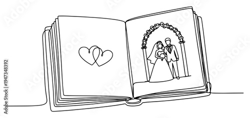 Open wedding photo album with bride and groom continuous line art. Romantic memory book and marriage ceremony minimalist vector.