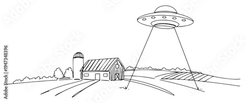 UFO flying saucer hovering over farm barn continuous line art. Sci-fi alien abduction or mystery in rural landscape minimalist vector.