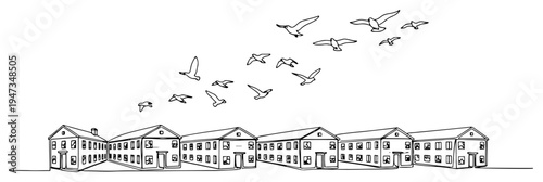 Row of suburban houses with flock of birds flying continuous line art. Minimalist neighborhood and real estate community vector illustration.