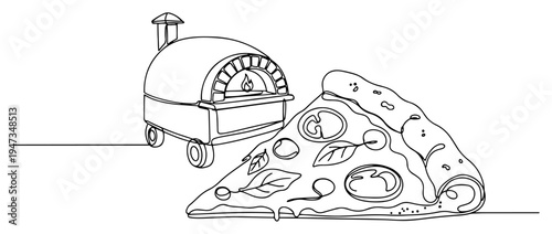 Pizza slice with outdoor wood fired oven continuous line art. Minimalist Italian food catering and street food cooking vector illustration.