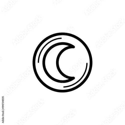 A simple, minimalist black and white line art drawing of a crescent moon inside a circle.