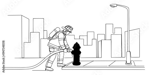 Firefighter connecting hose to hydrant in city continuous line art. Emergency rescue service and public safety minimalist vector illustration.