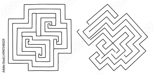 Abstract geometric labyrinth maze shapes continuous line art. Minimalist puzzle or path finding concept vector drawing.