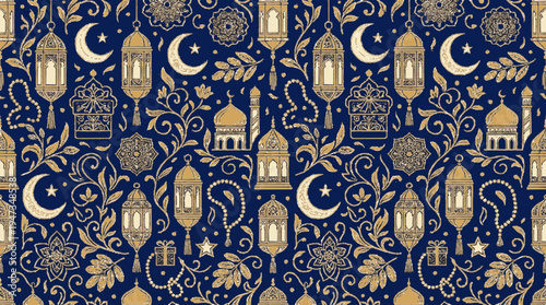 Ornate islamic eid al fitr pattern with mosque domes crescents gold accents and intricate florals on deep blue
