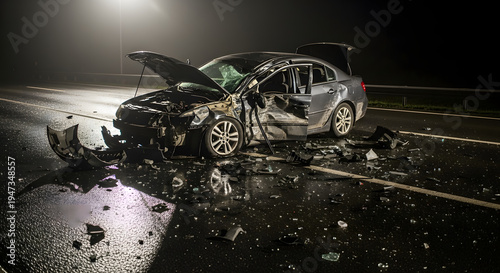 Wallpaper Mural Damaged car on road with debris scattered around at night after accident transparent background Torontodigital.ca