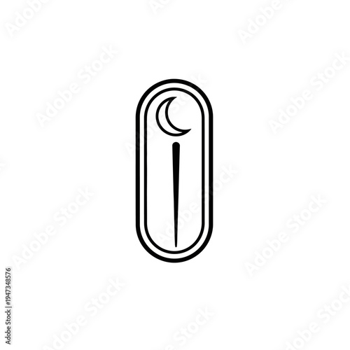 A black and white illustration of an ancient Egyptian hieroglyph featuring a crescent moon above a vertical line within an oval cartouche.