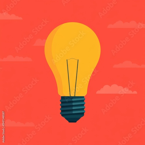 A bright yellow light bulb illustration against a red background with subtle cloud shapes, symbolizing ideas and creativity.
