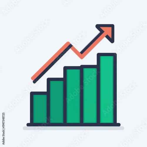A bar chart with five green bars showing increasing values and a rising red arrow indicating growth or progress.
