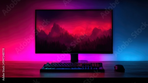 A sleek gaming setup featuring a widescreen monitor displaying a red mountain landscape, backlit by vibrant pink and blue lighting, with a keyboard and mouse on a wooden desk.