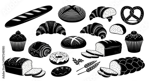 Set of Hand Drawn Bakery Products and Bread Icons