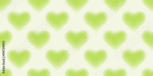 Seamless mesh gradient pattern with soft blurry green hearts on a light cream background. Dreamy repeating romantic print for wallpaper, fabric, wrapping paper, stationery, and textile surfaces.