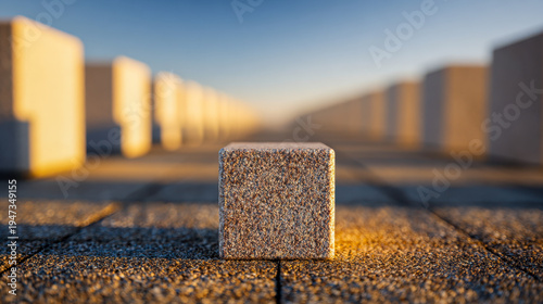 Single textured stone cube with sharp focus placed on a sunlit paved surface against a blurred background of repeating geometric stone blocks under a clear sky