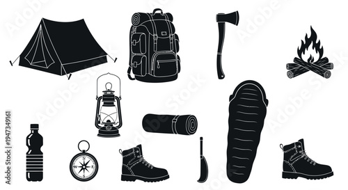 Camping and Hiking Equipment Icons Set