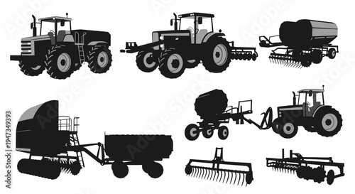Set of Agricultural Machinery Silhouettes and Farm Equipment Icons