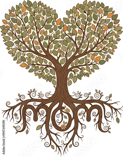 A mature tree with a leafy canopy shaped like a heart grows from roots that distinctly spell the word 'Mom'.