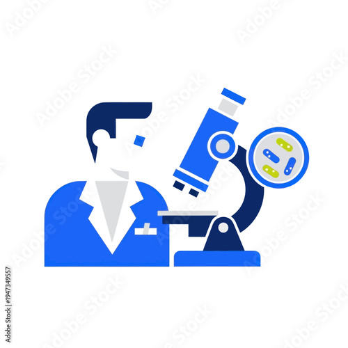 Scientist examining microorganisms with microscope, scientific research, laboratory icon