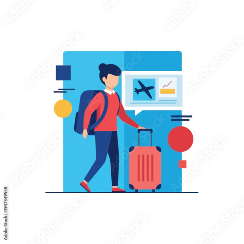 Traveler with luggage at airport, flight boarding, modern flat illustration