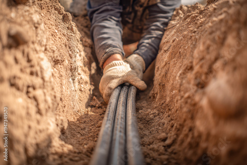 Worker installing multiple underground cables in a narrow trench with protective gloves during utility infrastructure construction on a sunny day