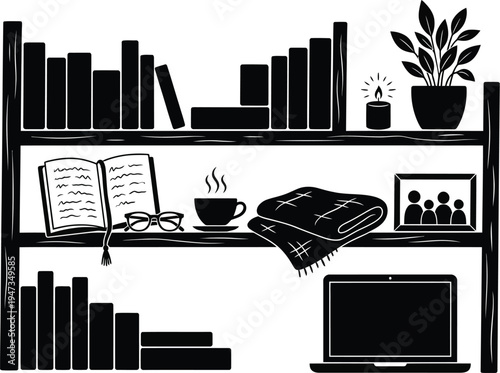 Black and white silhouette of a cozy bookshelf displaying books, a lit candle, a potted plant, and a laptop on a desk.